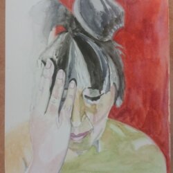 Artwork with a portrait of a woman, illustrating a migraine attack